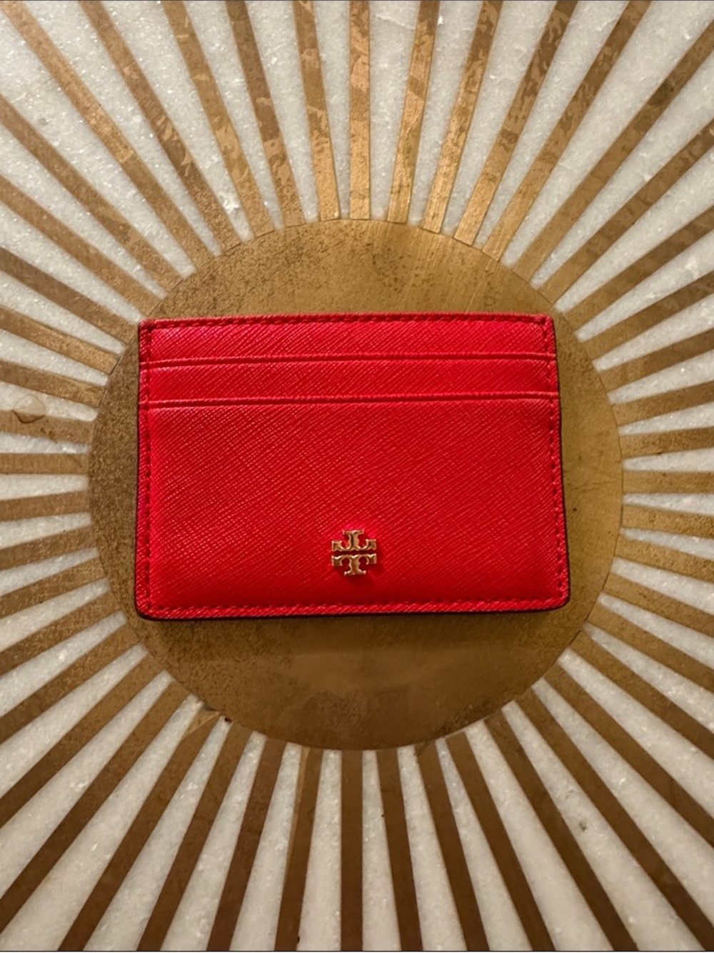 Tory Burch Red Saffiano Leather Card Holder with Gold Logo